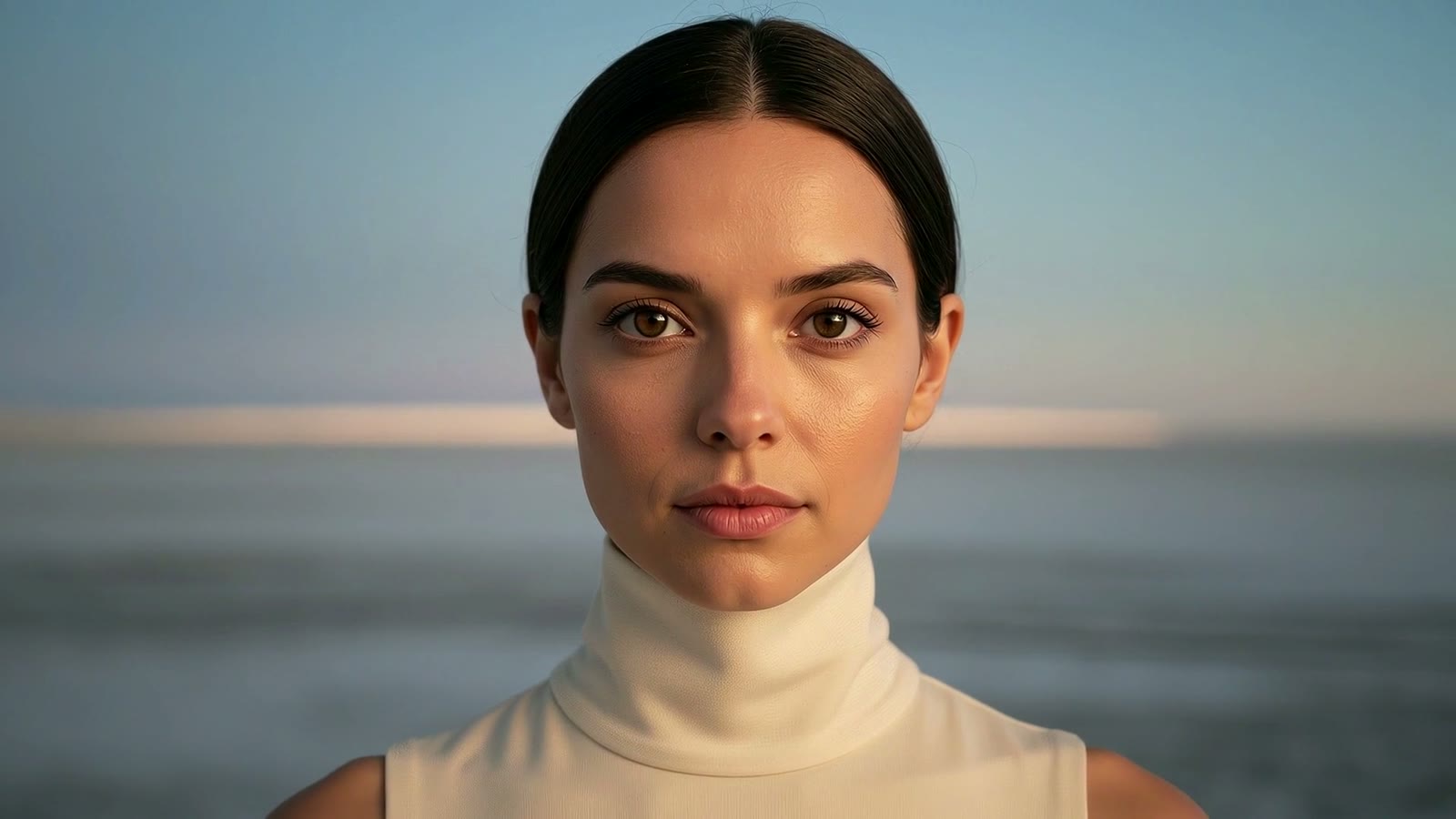 A close portrait of a woman looking straight at the camera in cold dawn light.