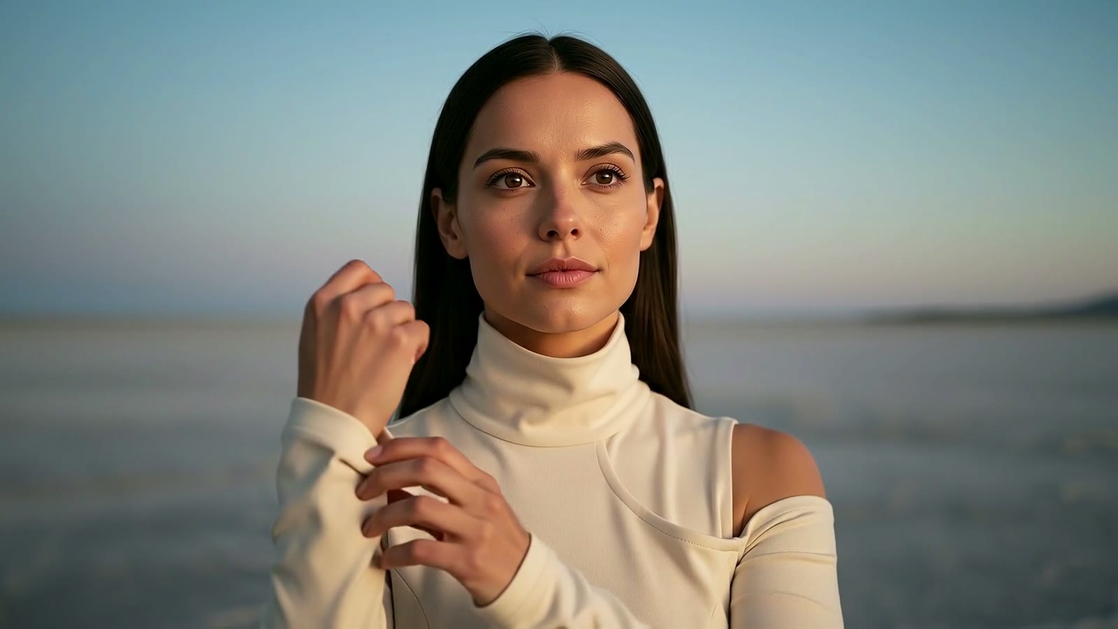 A woman drawing a long sleeve back up her arm in an open frozen landscape.