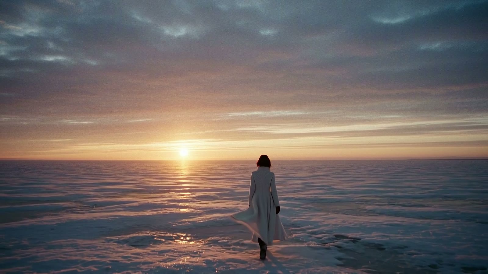 A woman walking away across an immense open plain into the sunrise.