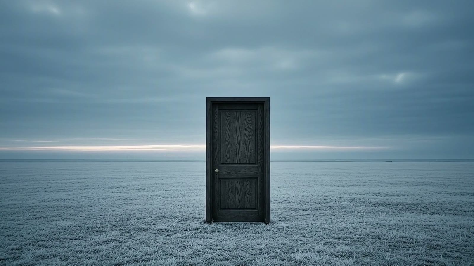 Tatimost — Cold Brass: a single door standing alone on a frozen plain at dawn.