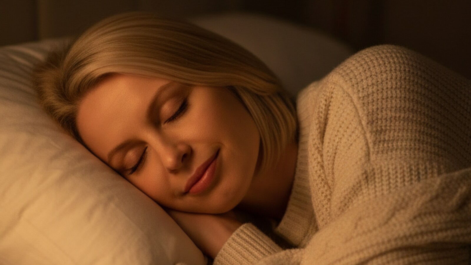 A woman asleep, lit warmly, at rest.