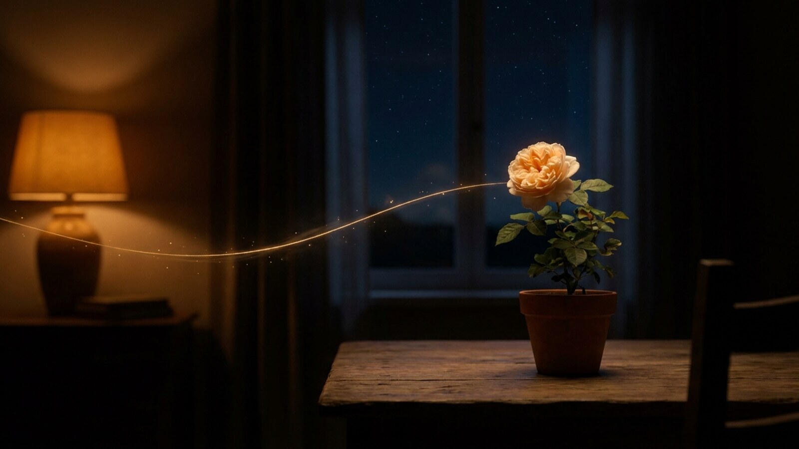 A thread of light crossing a dark room at night toward a rose on a windowsill.