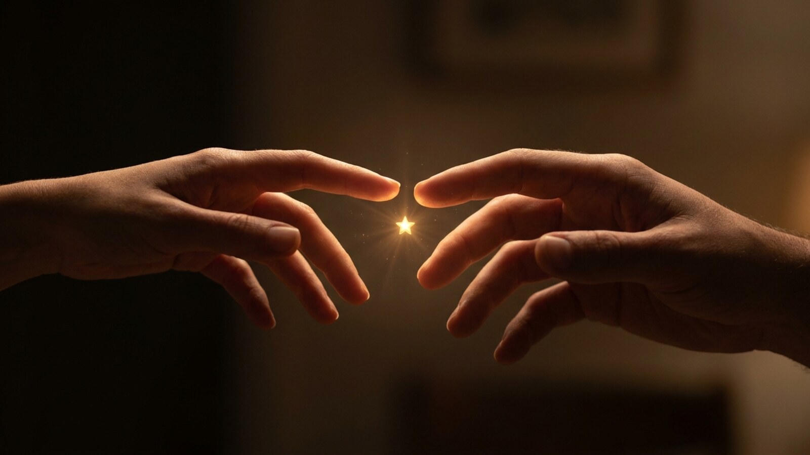 Two hands reaching toward each other with a small star of light between the fingertips.