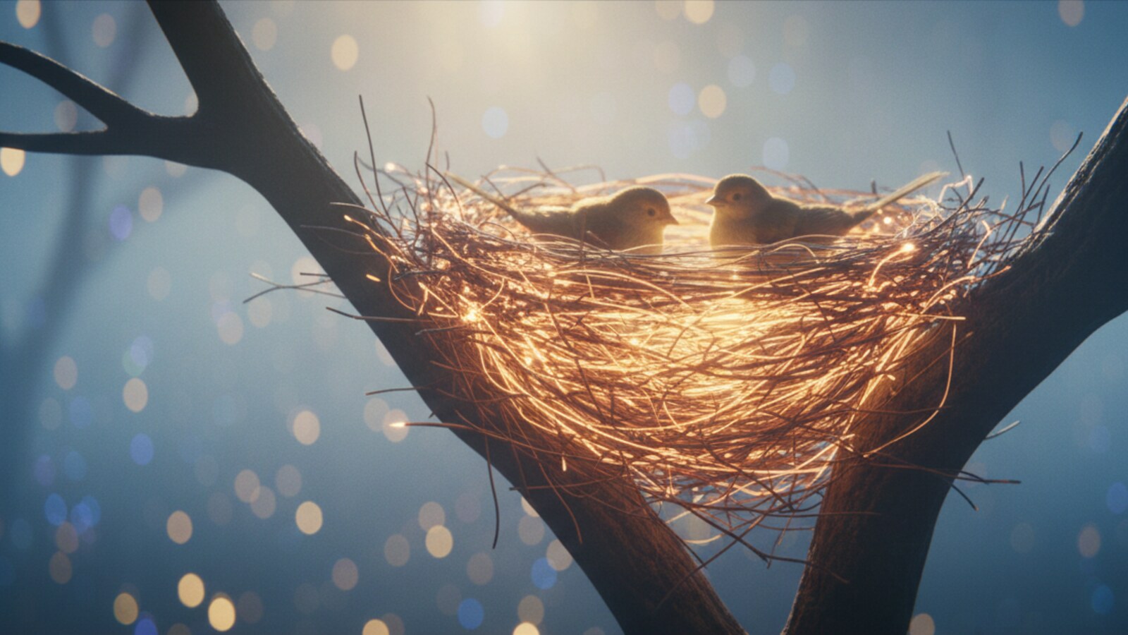 A nest woven out of threads of light, held in the fork of a tree.
