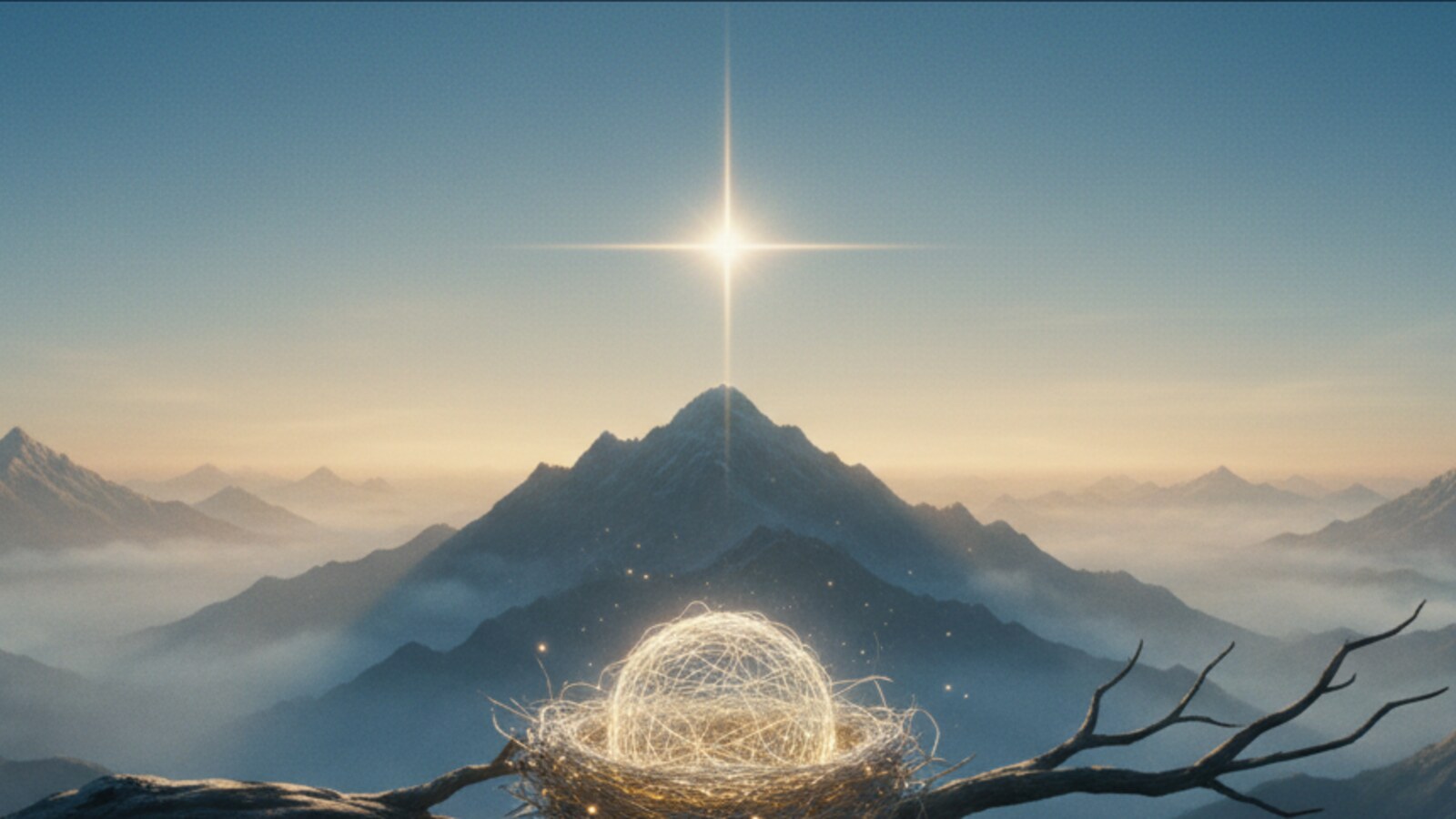 A single bright star rising over misted mountains.