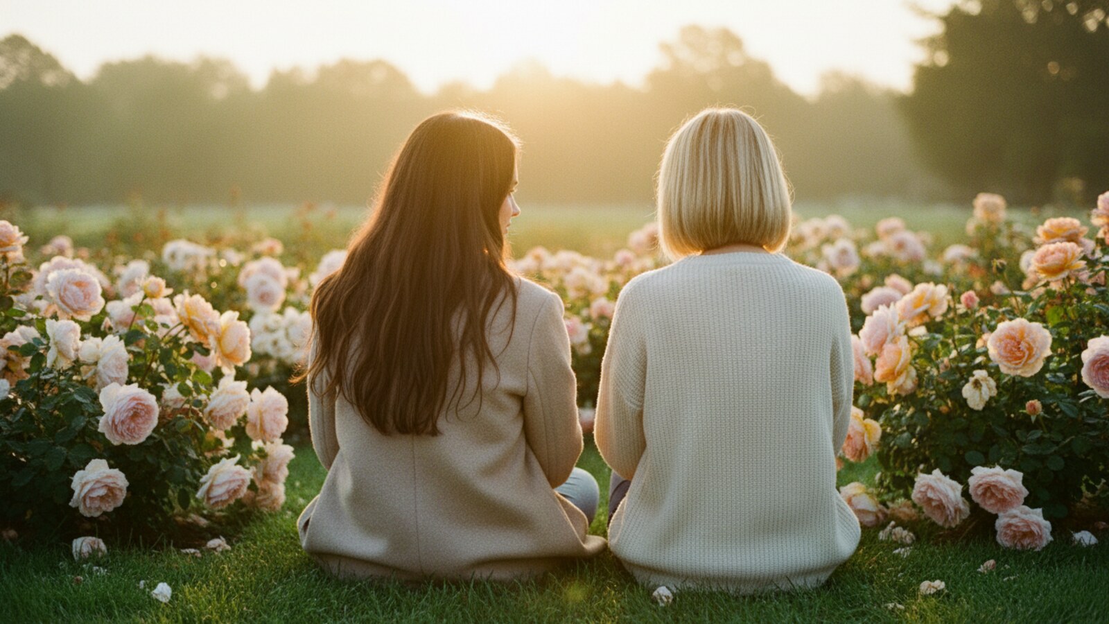 Tatimost — Hidden Thread / Незрима нитка: two women sitting together in a garden of roses at golden hour.
