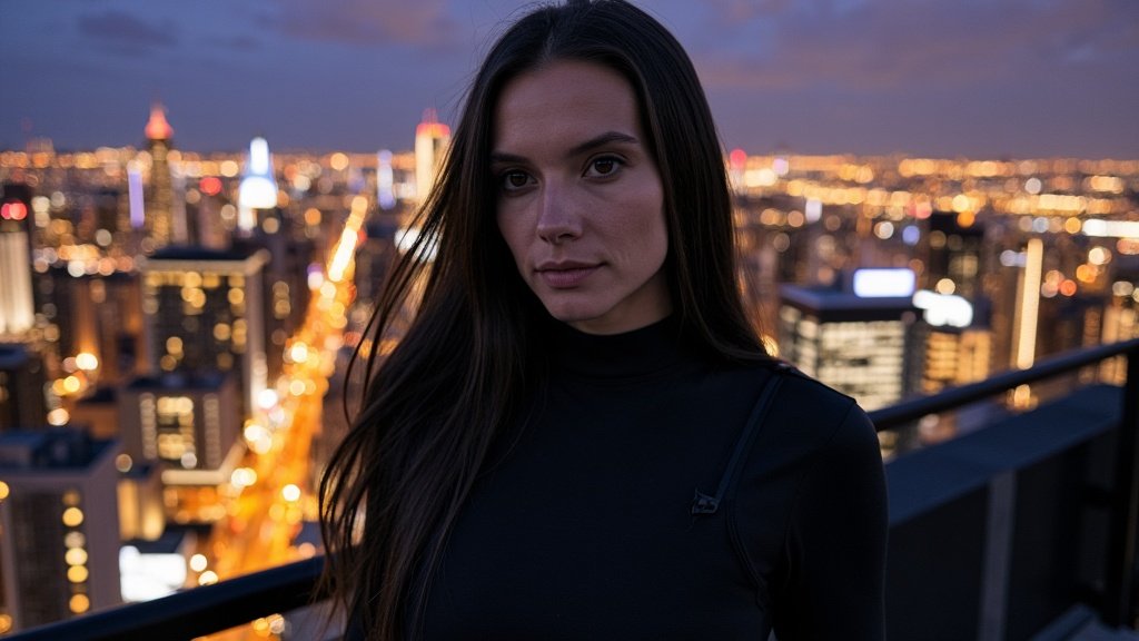 Composed on a rooftop, city lights below