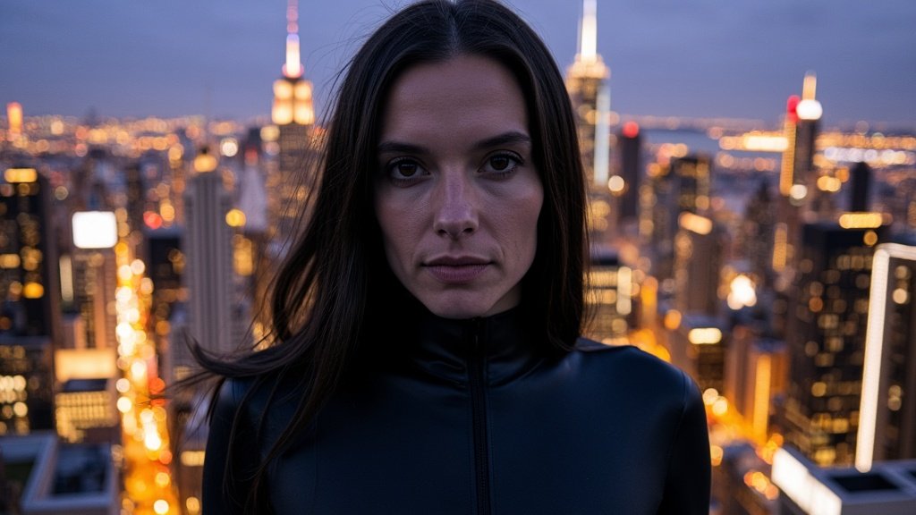 A steady gaze against the lit skyline