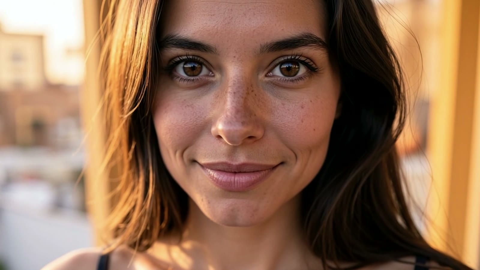 A warm close portrait of a woman smiling gently in golden light.