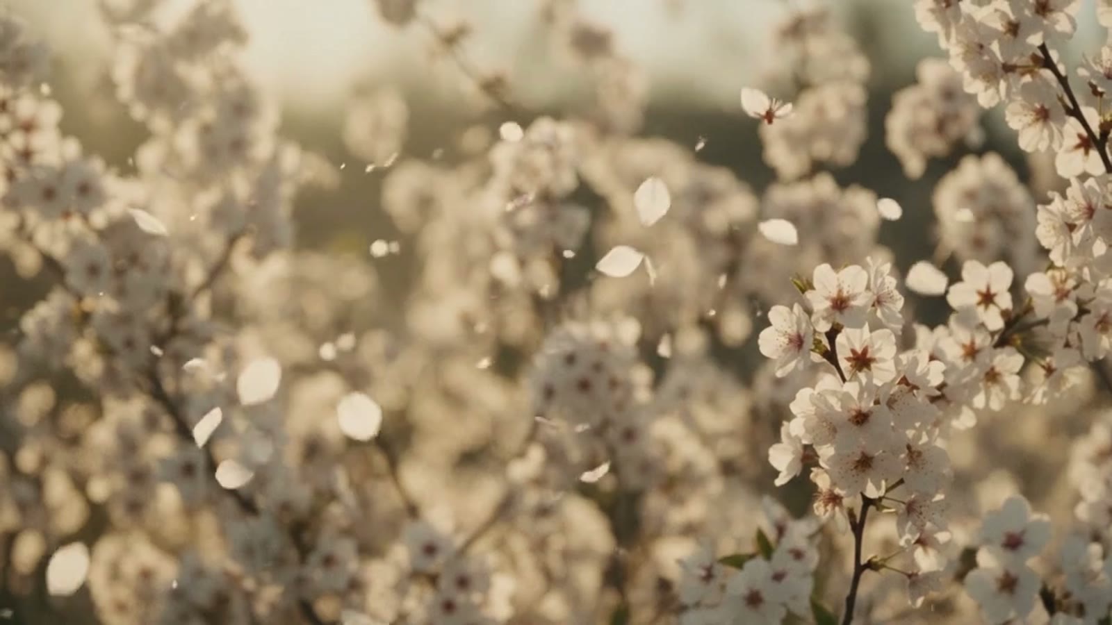 White blossom in soft light, petals drifting.