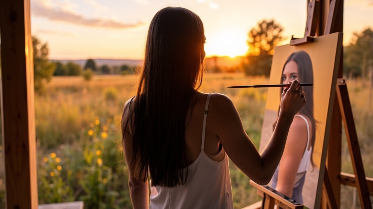 A woman painting a bright meadow into being on a canvas in a field.
