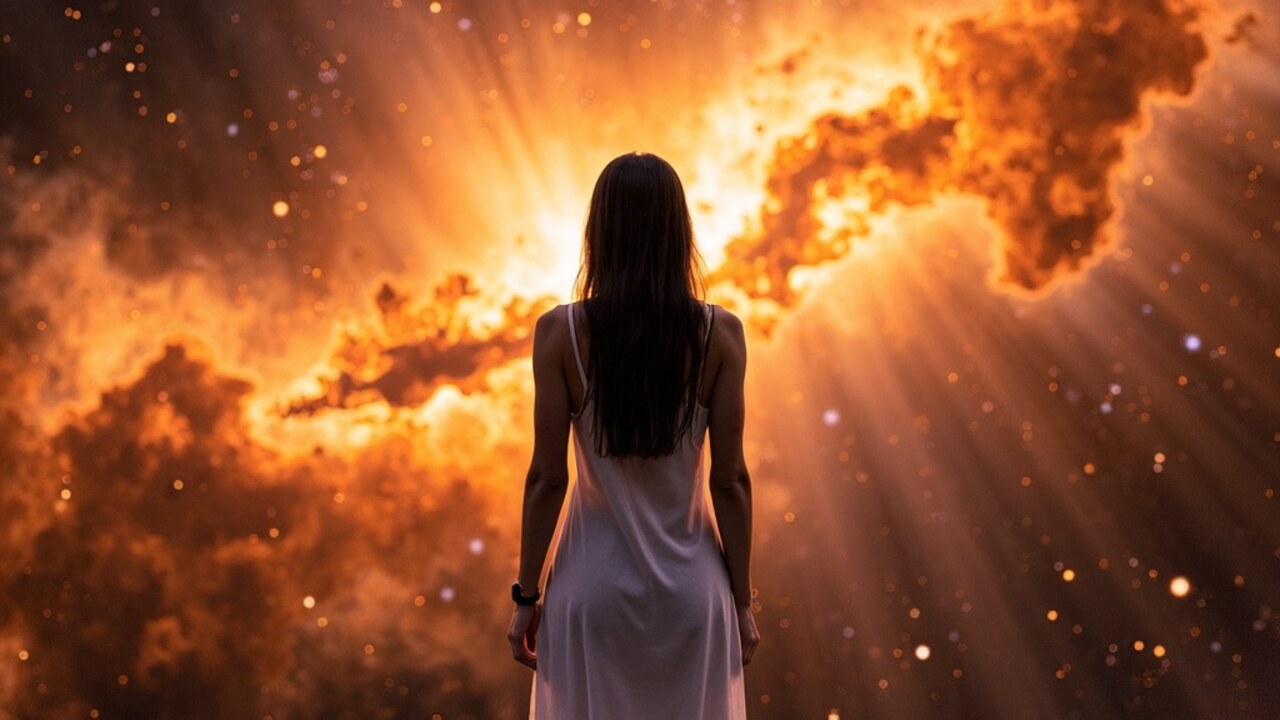 A small figure standing before a vast warm cosmos.