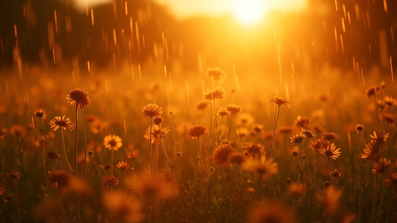 A sunlit field of wildflowers in the rain.