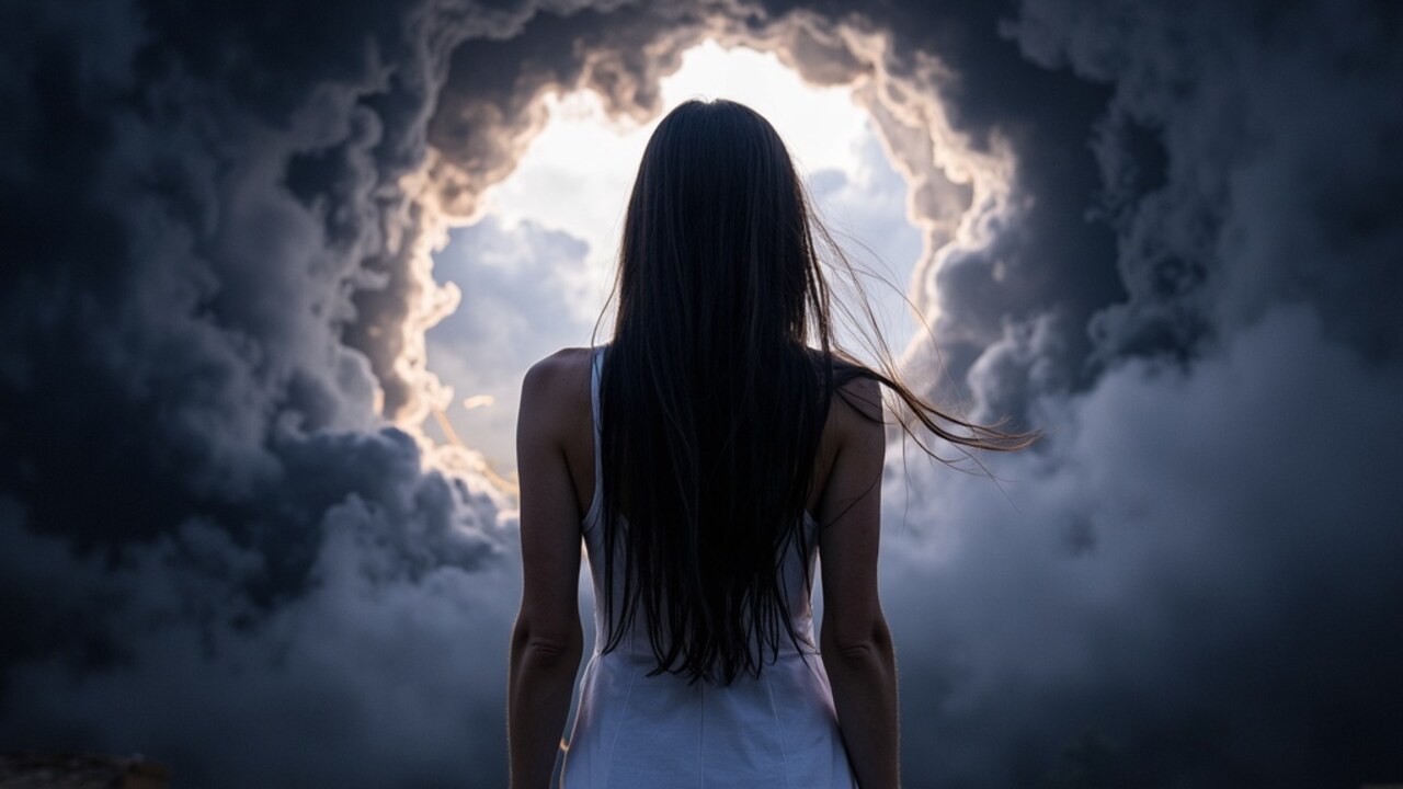 Tatimost — Teach Me / Навчи мене: a woman standing with her back to us, facing a luminous storm.