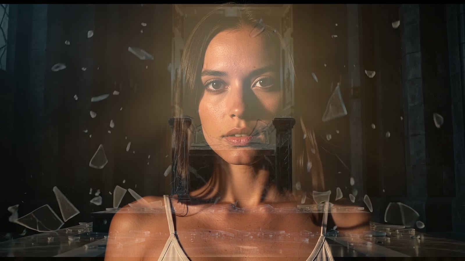 A woman behind a wall of cracking glass.