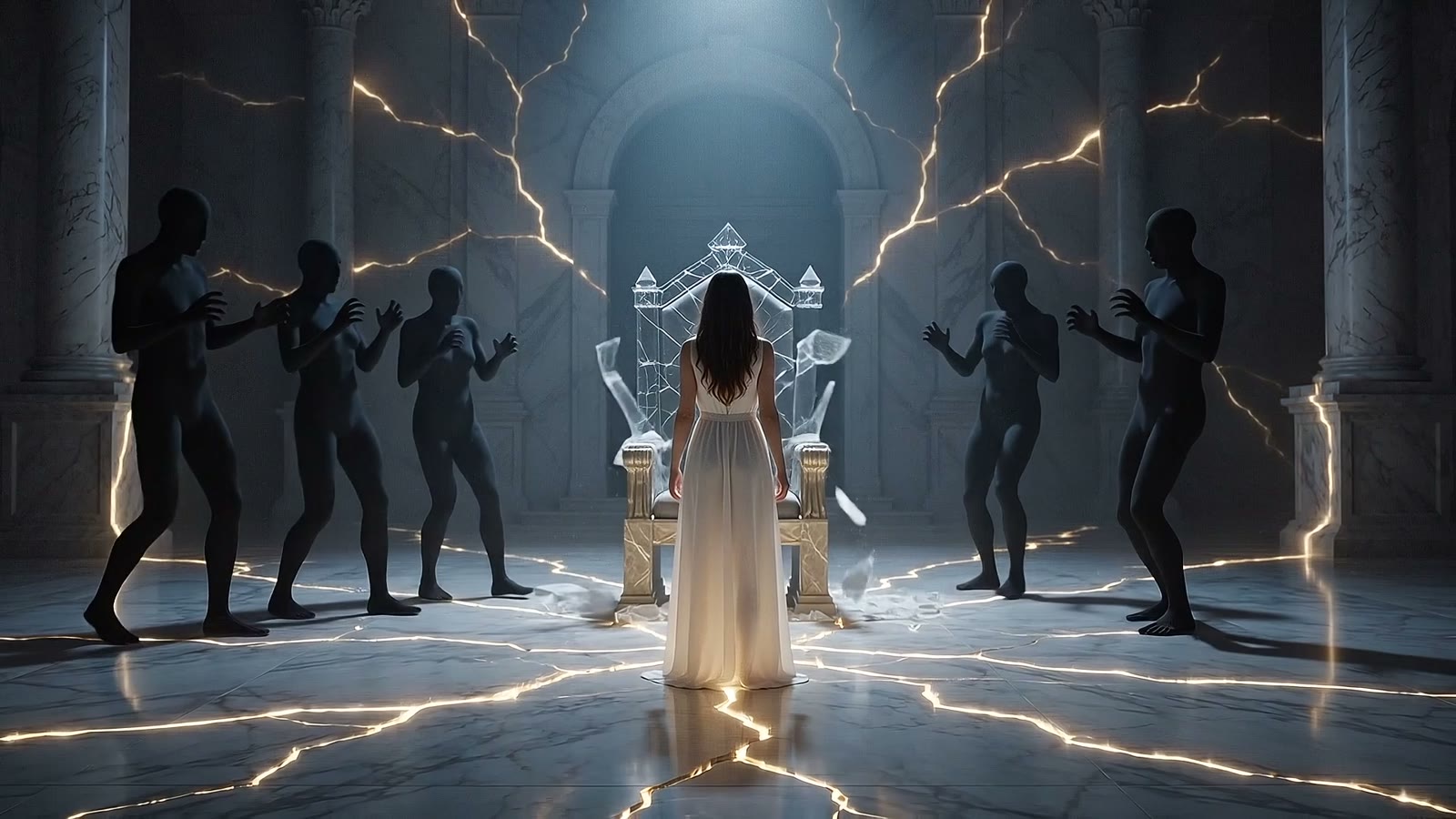 A woman standing alone before a throne as lightning splits the floor.
