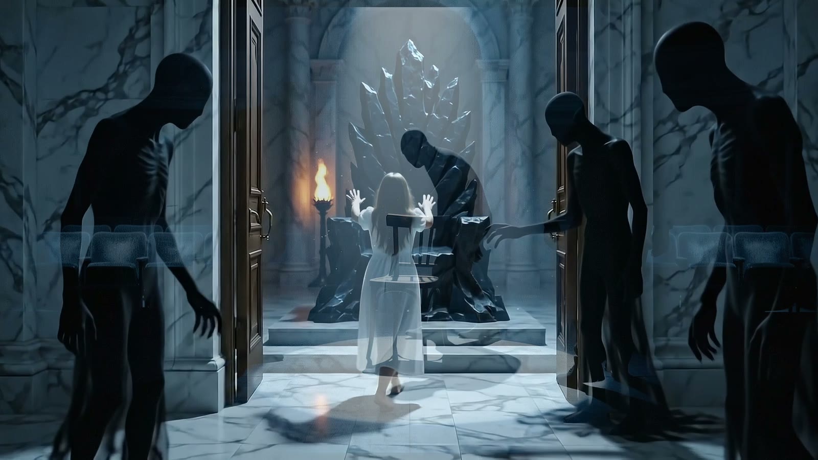 Shadow figures closing in around a small figure before a throne.